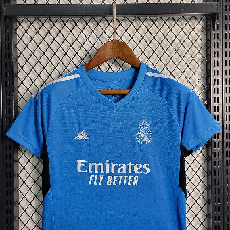 Conjunto Infantil Real Madrid Goleiro 2023/24 Azul - Modelo Torcedor