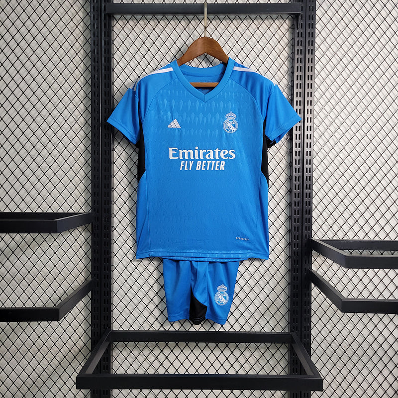 Conjunto Infantil Real Madrid Goleiro 2023/24 Azul - Modelo Torcedor